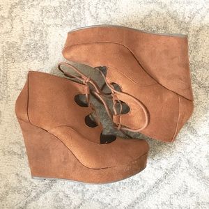 Y Not? Cognac Brown Peep- Tie Platform Wedges
